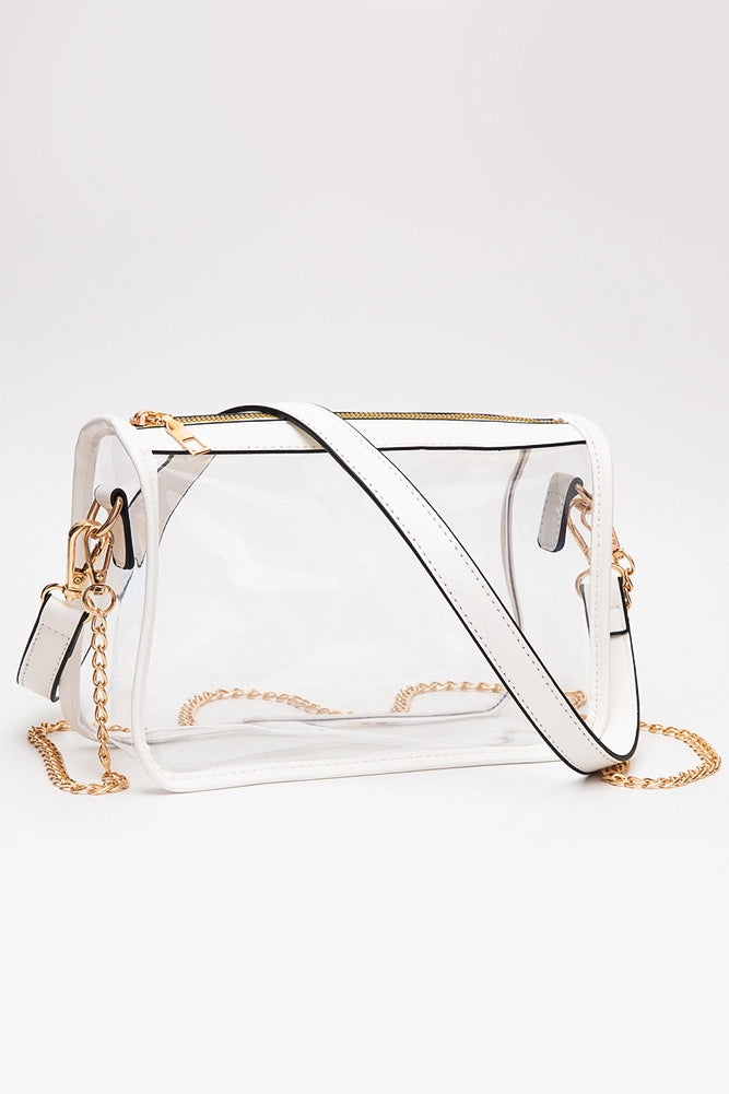 White Trim Clear Purse with Blue Scarf Chain