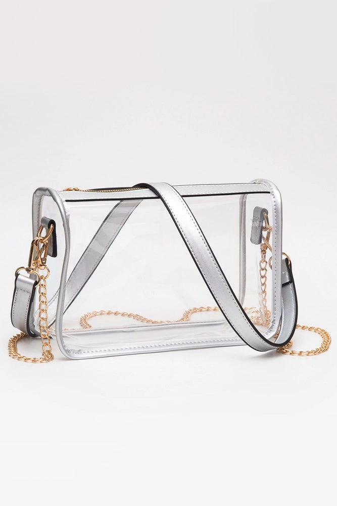 Clear Purse with Silver Trim + Navy Resin Bead Bag Chain