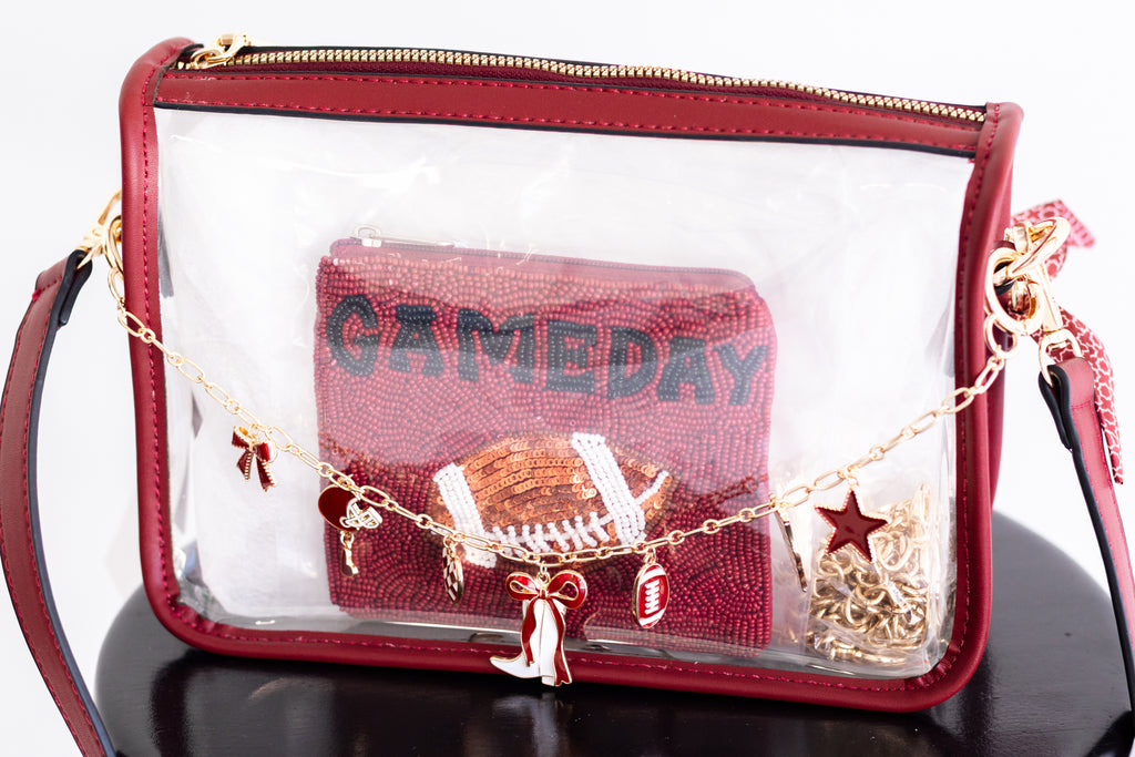 Deep Red & Black “GAMEDAY” Beaded Football Coin Pouch
