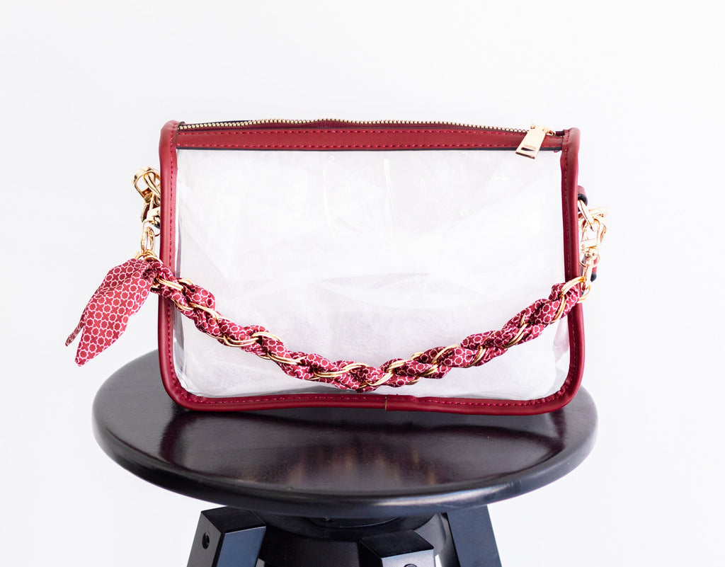 Clear Purse with Burgundy Trim + Burgundy Scarf Chain