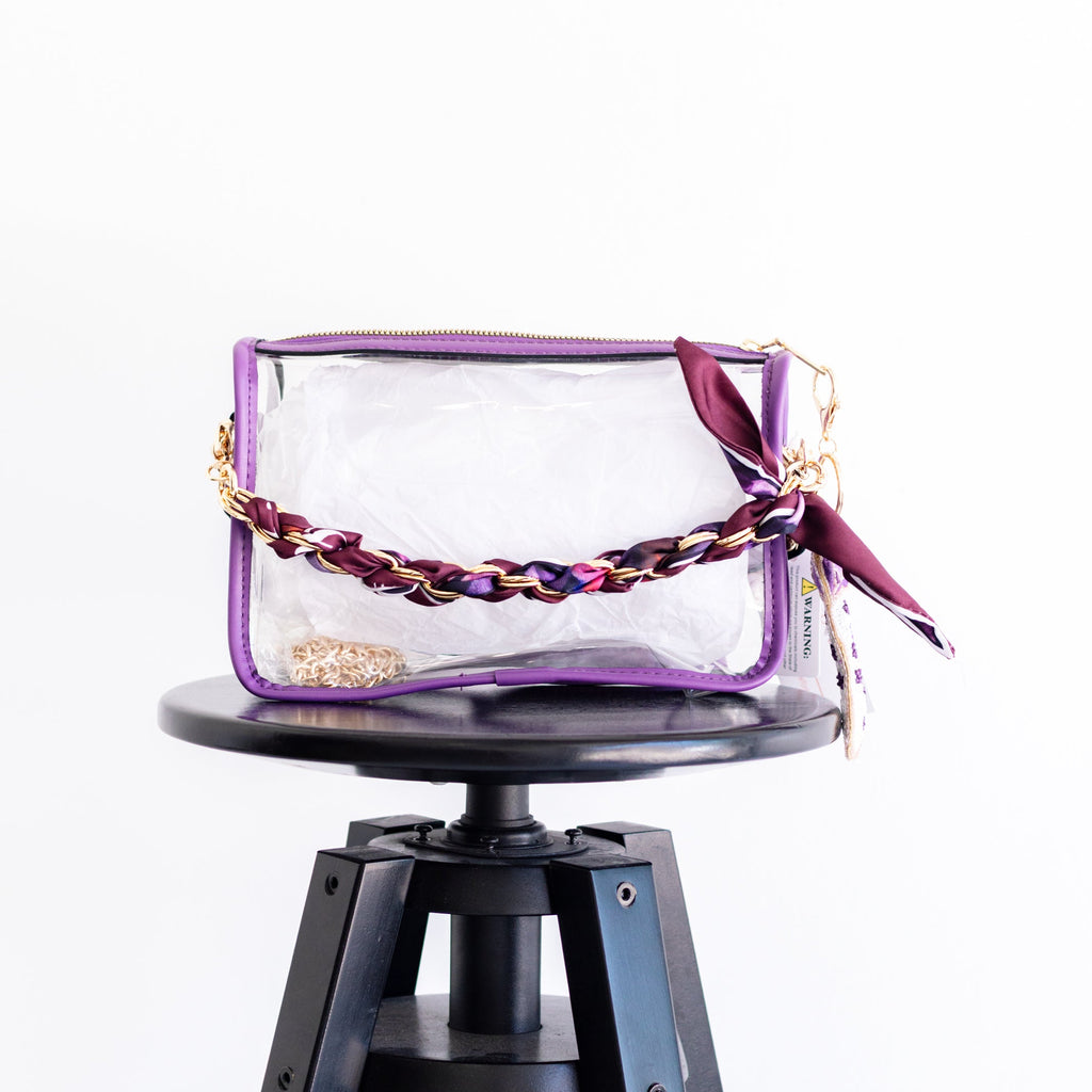 Purple Trim Clear Purse with Purple Scarf Chain