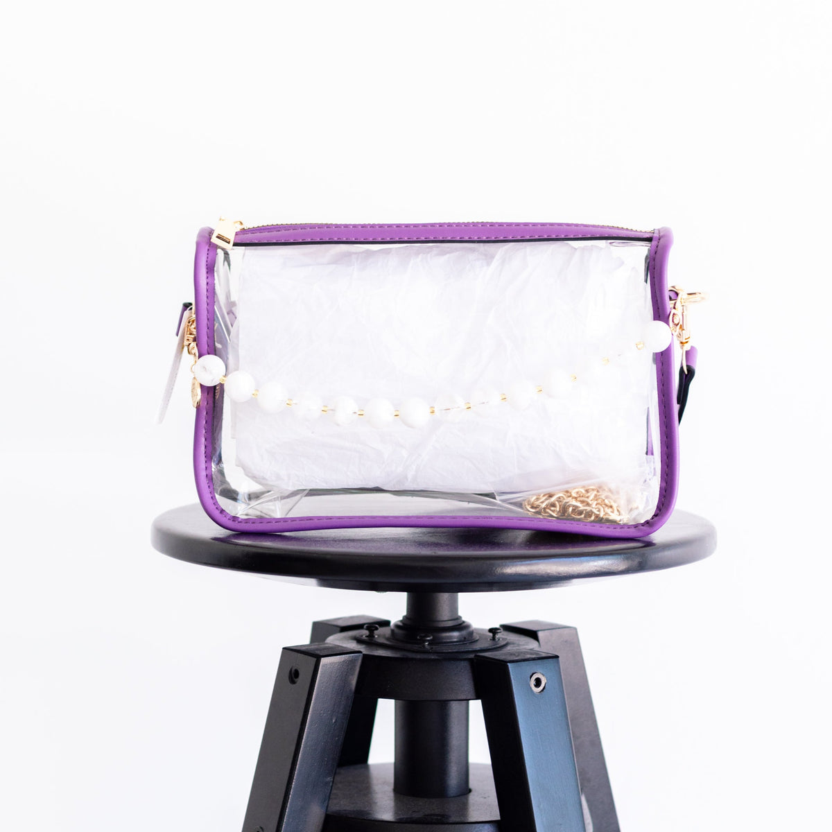 Clear Purse with Purple Trim + White Resin Bead Bag Chain