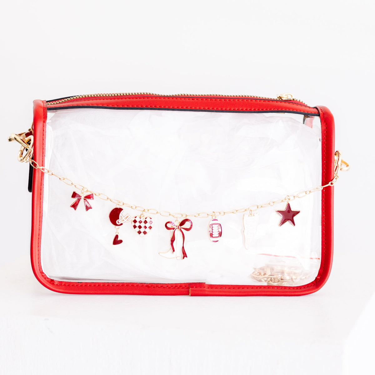Clear Purse with Red Trim + Burgundy Gameday Charm Chain