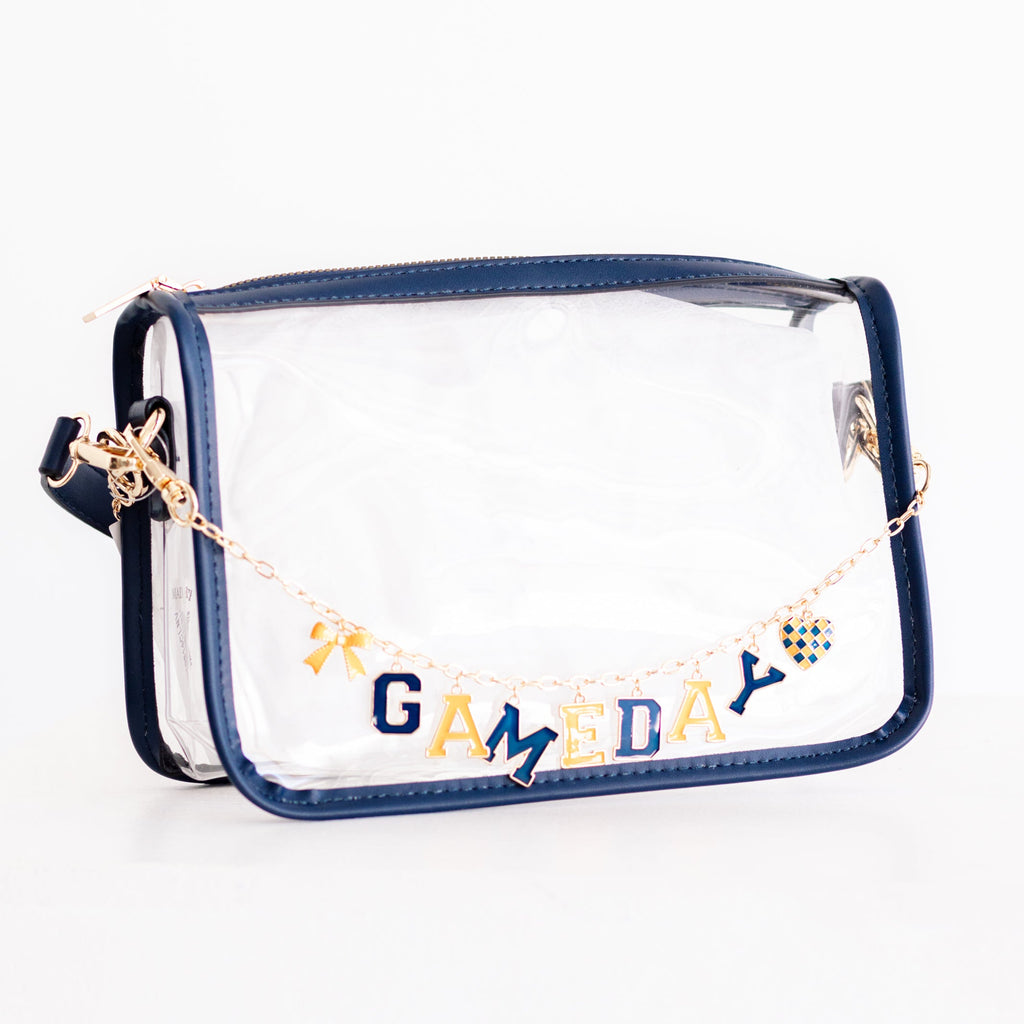 Clear Purse with Navy Trim + Orange & Navy Gameday Charm Chain