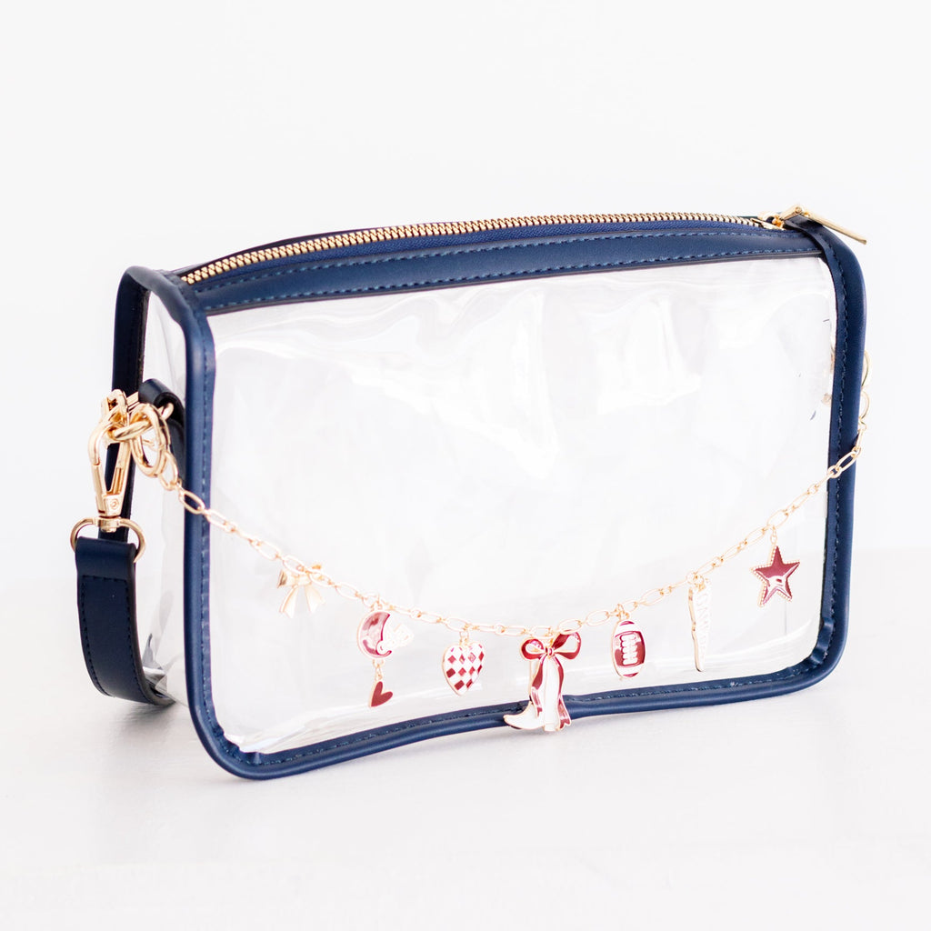 Clear Purse with Navy Trim + Deep Red Gameday Charm Chain