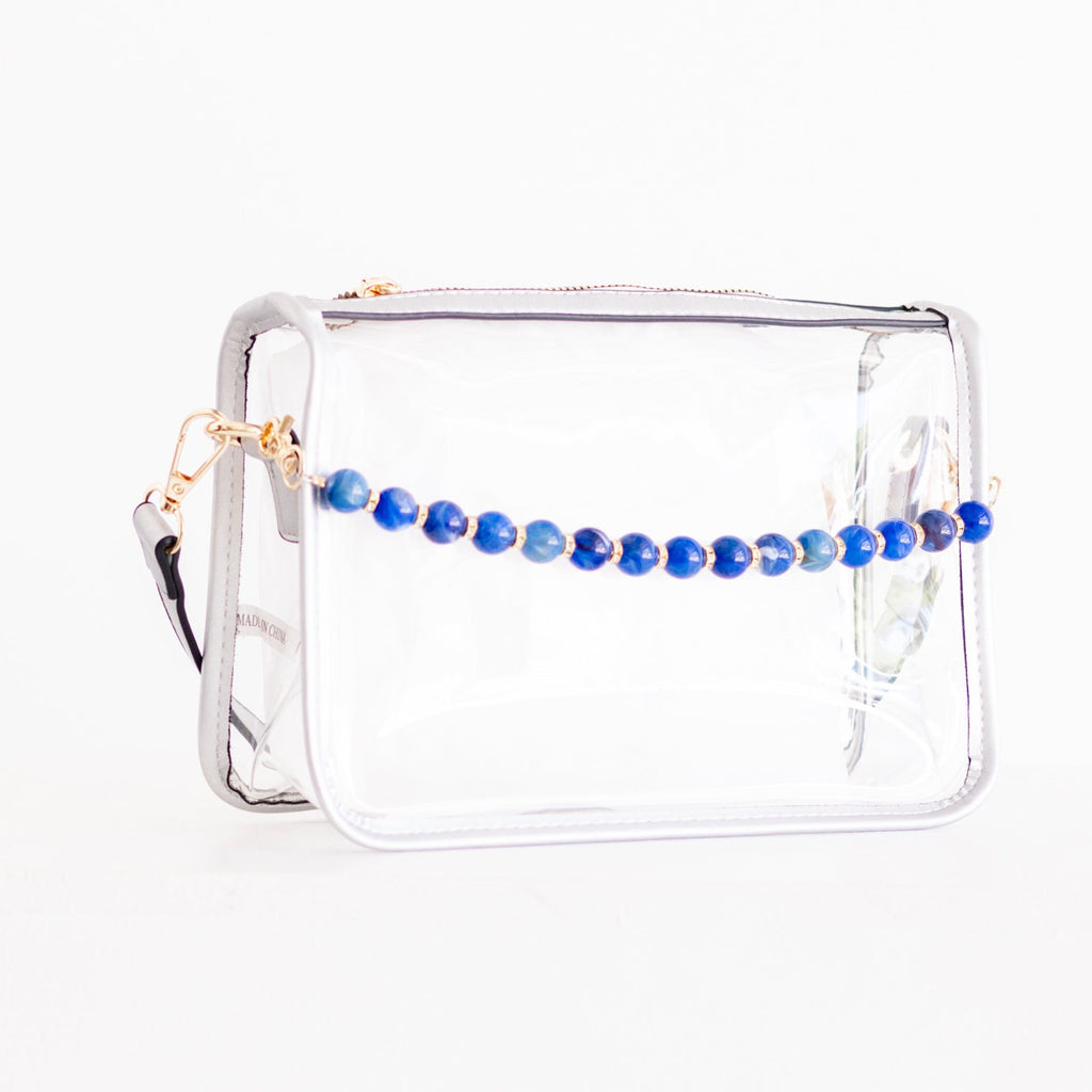 Clear Purse with Silver Trim + Navy Resin Bead Bag Chain