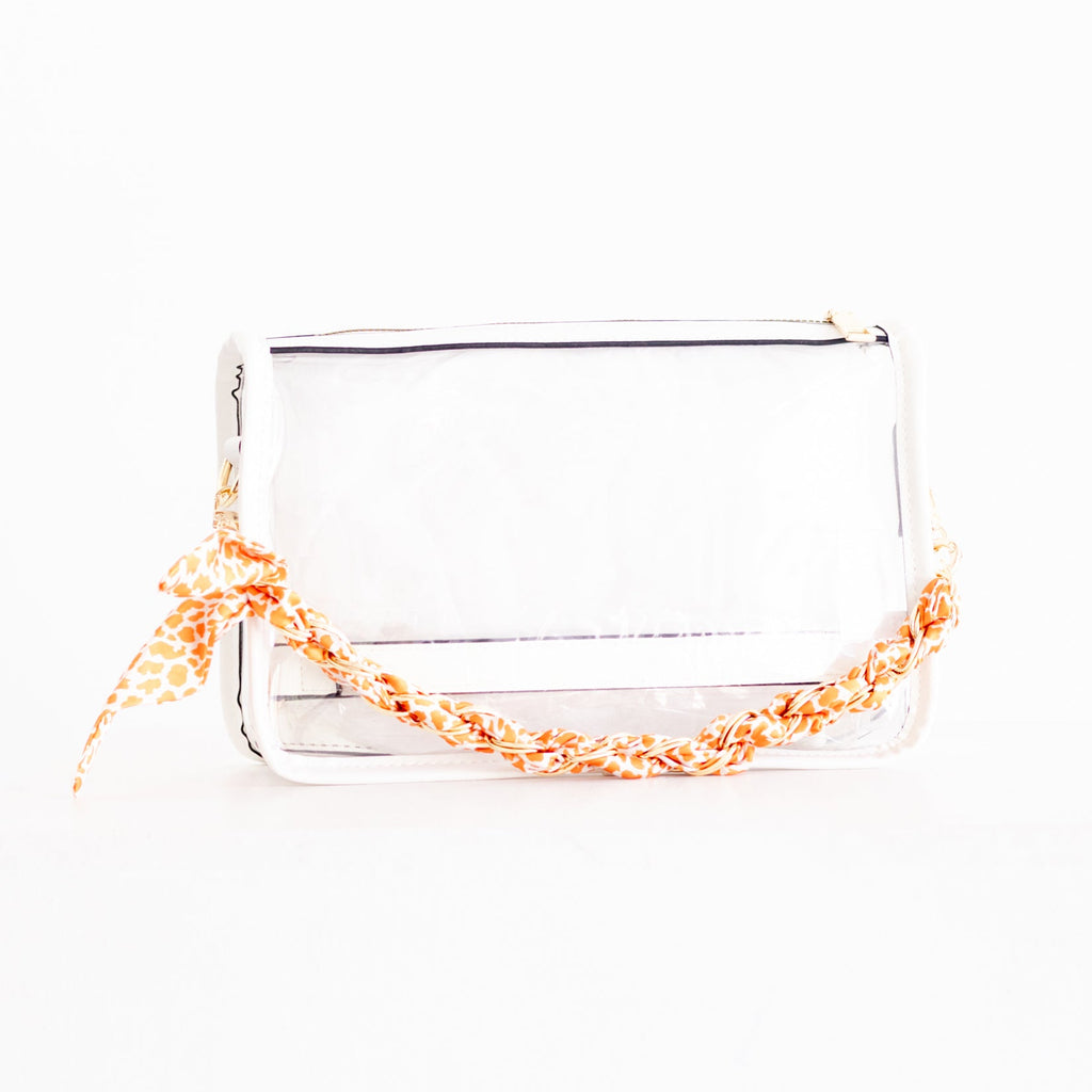 Clear Purse with White Trim + Leopard Print Orange Scarf Chain
