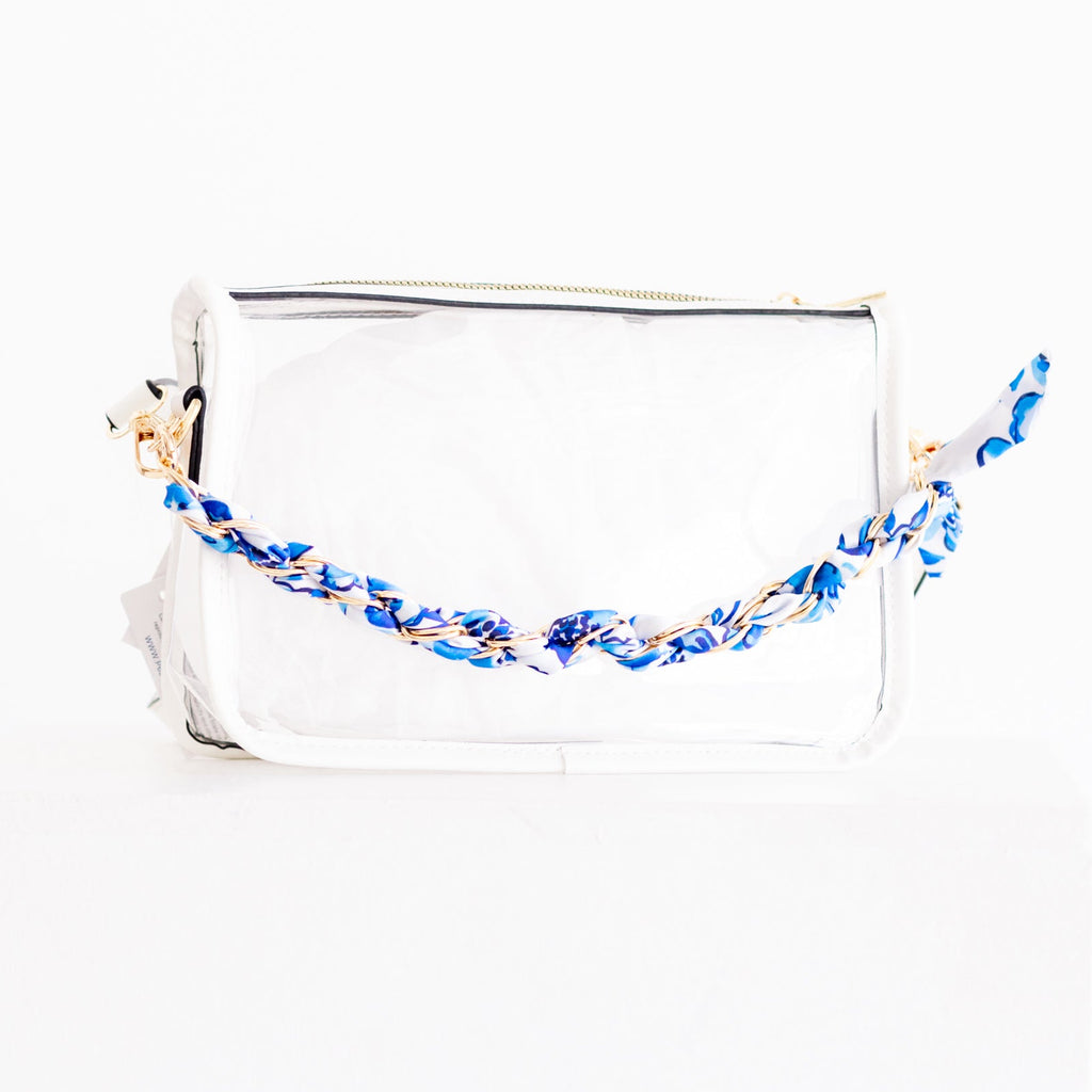 White Trim Clear Purse with Blue Scarf Chain