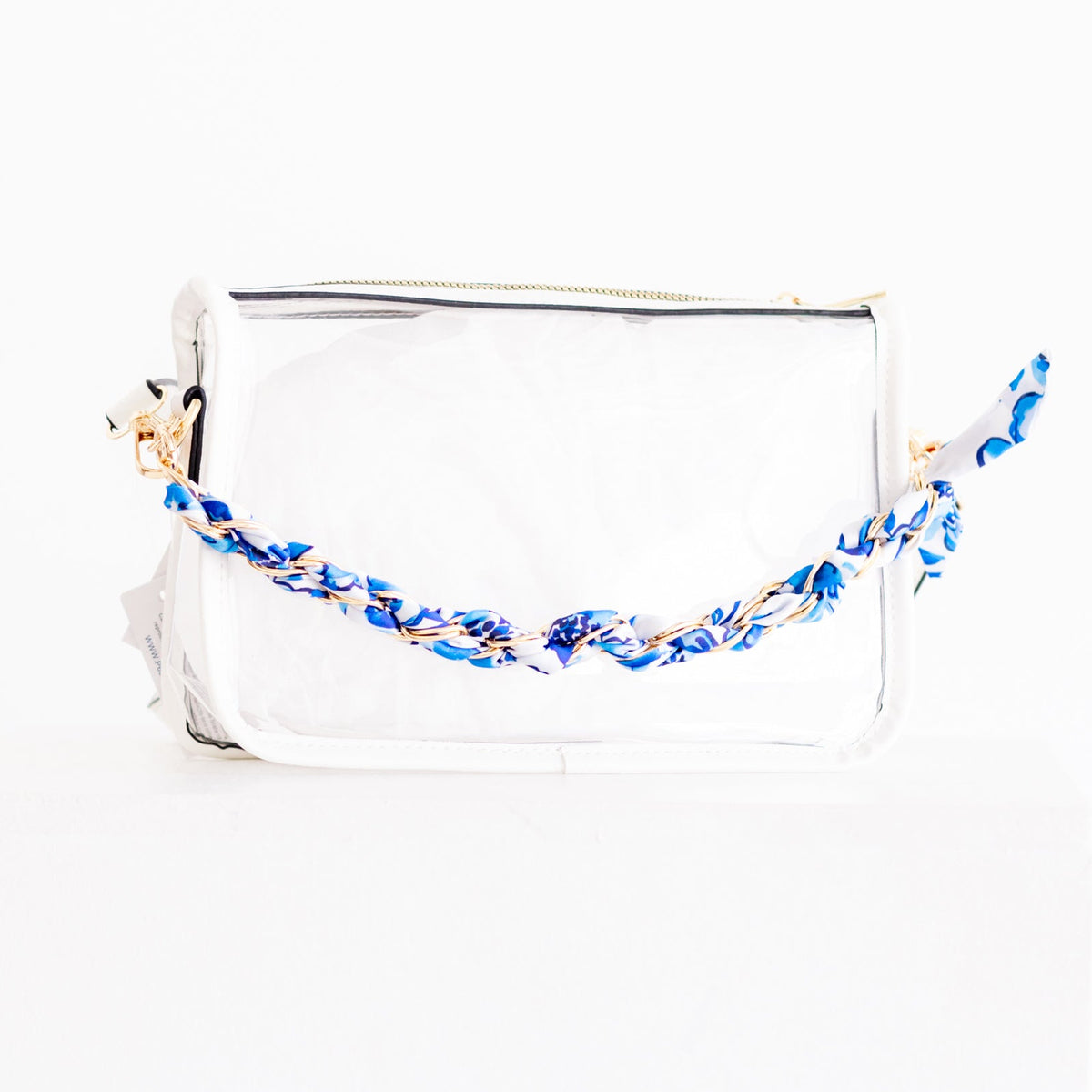 White Trim Clear Purse with Blue Scarf Chain