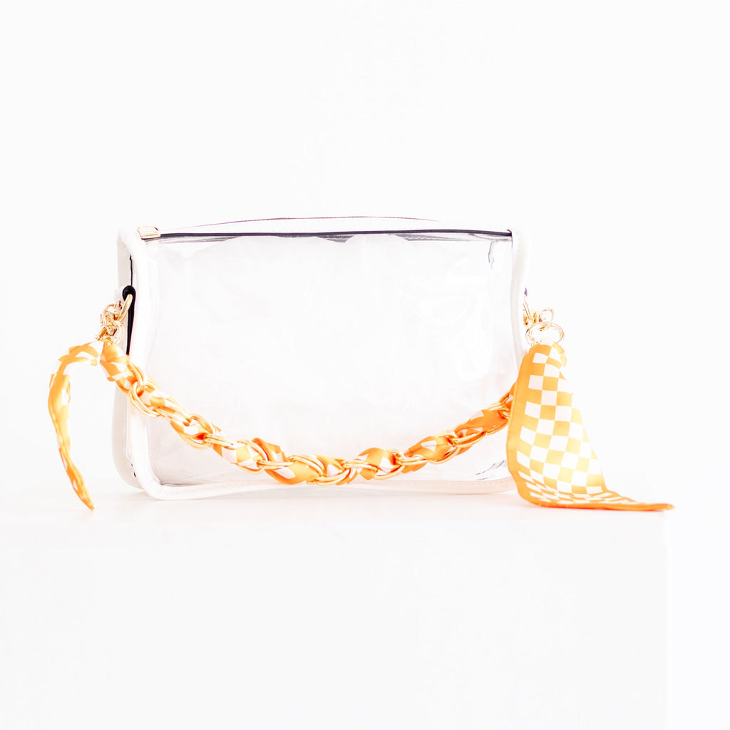 Clear Purse with White Trim + Checkered Orange Scarf Chain