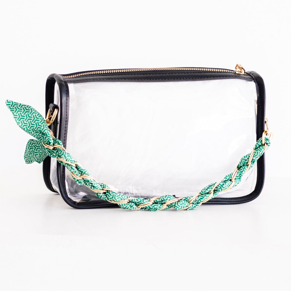 Black Trim Clear Purse with Green Scarf Chain