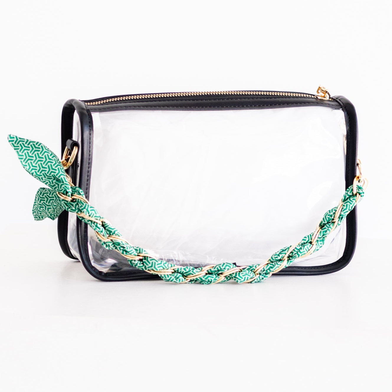 Black Trim Clear Purse with Green Scarf Chain