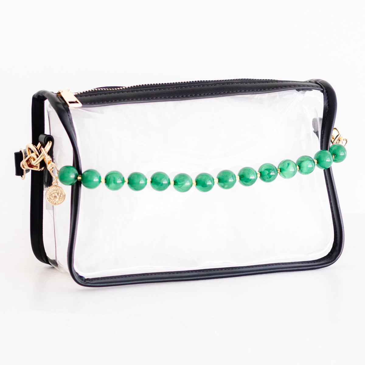 Clear Purse with Black Trim + Green Resin Bead Bag Chain