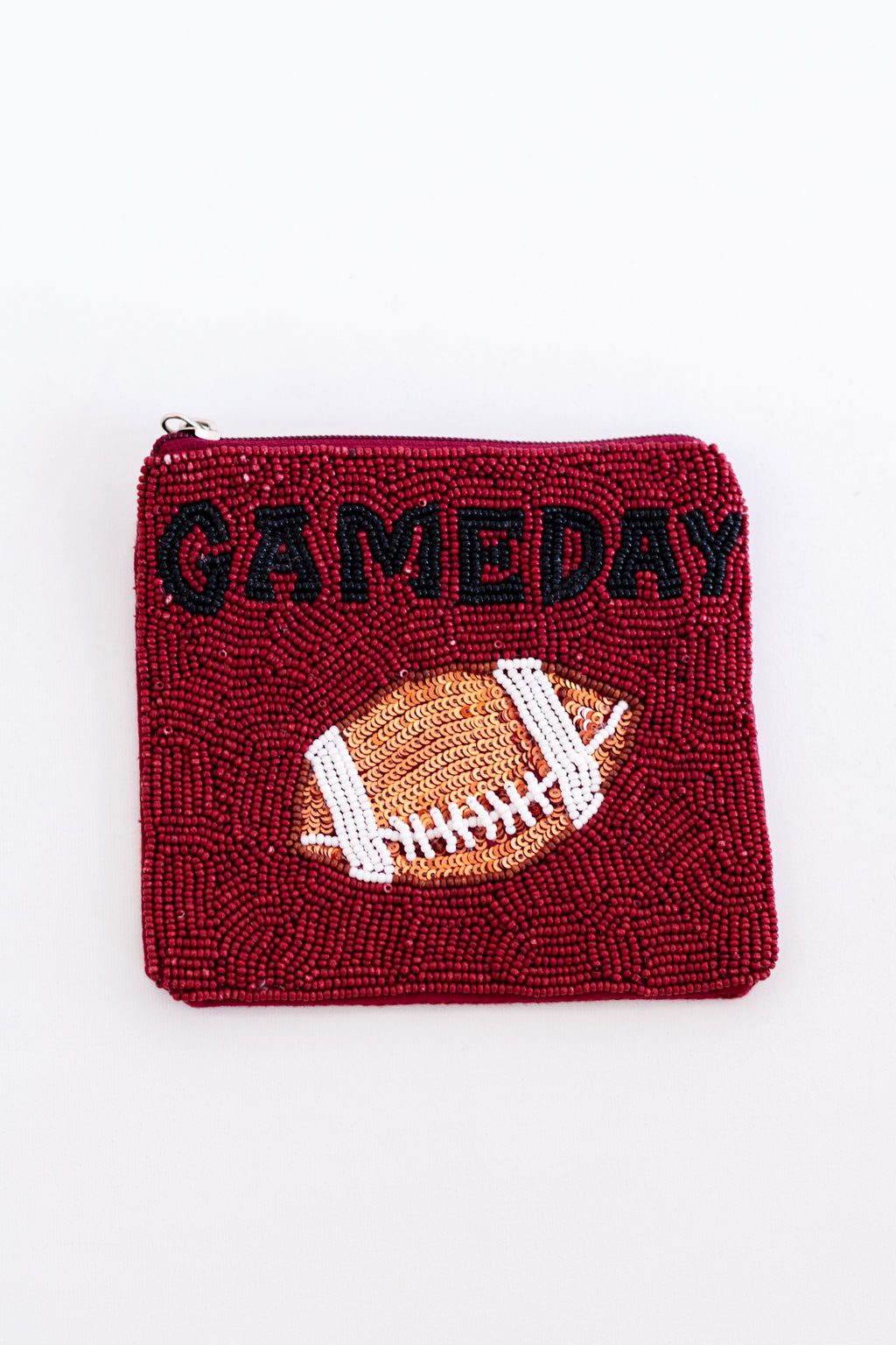 Deep Red & Black “GAMEDAY” Beaded Football Coin Pouch
