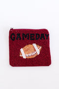 Deep Red & Black “GAMEDAY” Beaded Football Coin Pouch