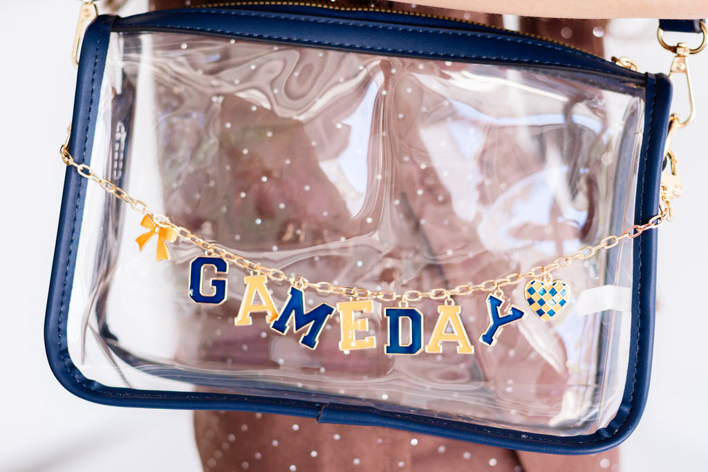 Clear Purse with Navy Trim + Orange & Navy Gameday Charm Chain