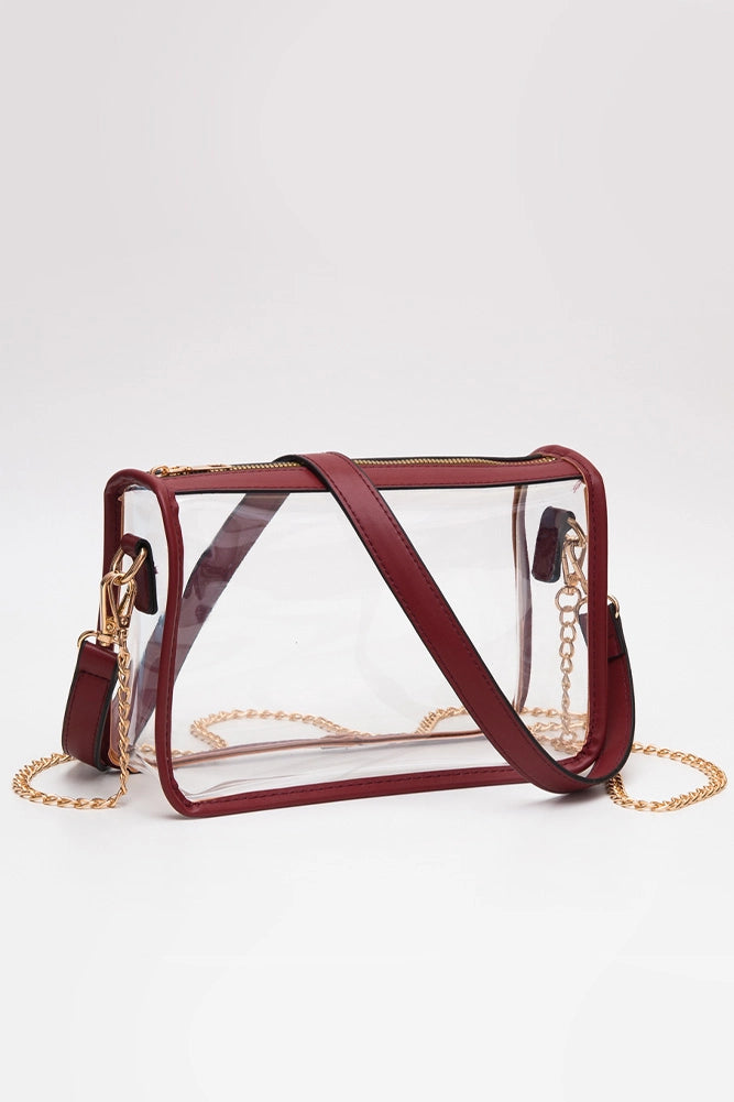 Clear Purse with Burgundy Trim + Burgundy Scarf Chain